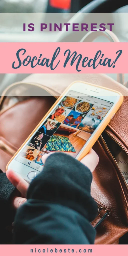 A hand resting on a brown leather bag, using social media on a cell phone.