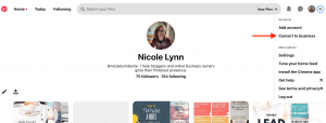 Pinterest profile, arrow pointing to 'Convert to business' in dropdown menu