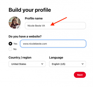 In Pinterest settings, build your profile, including fields for profile, website, country, and language