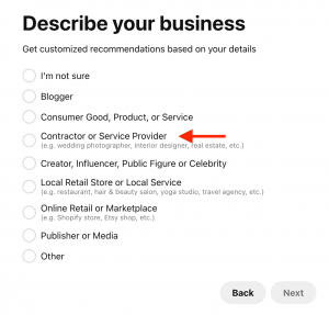 In Pinterest settings, describe your business, red arrow pointing to contractor or service provider.