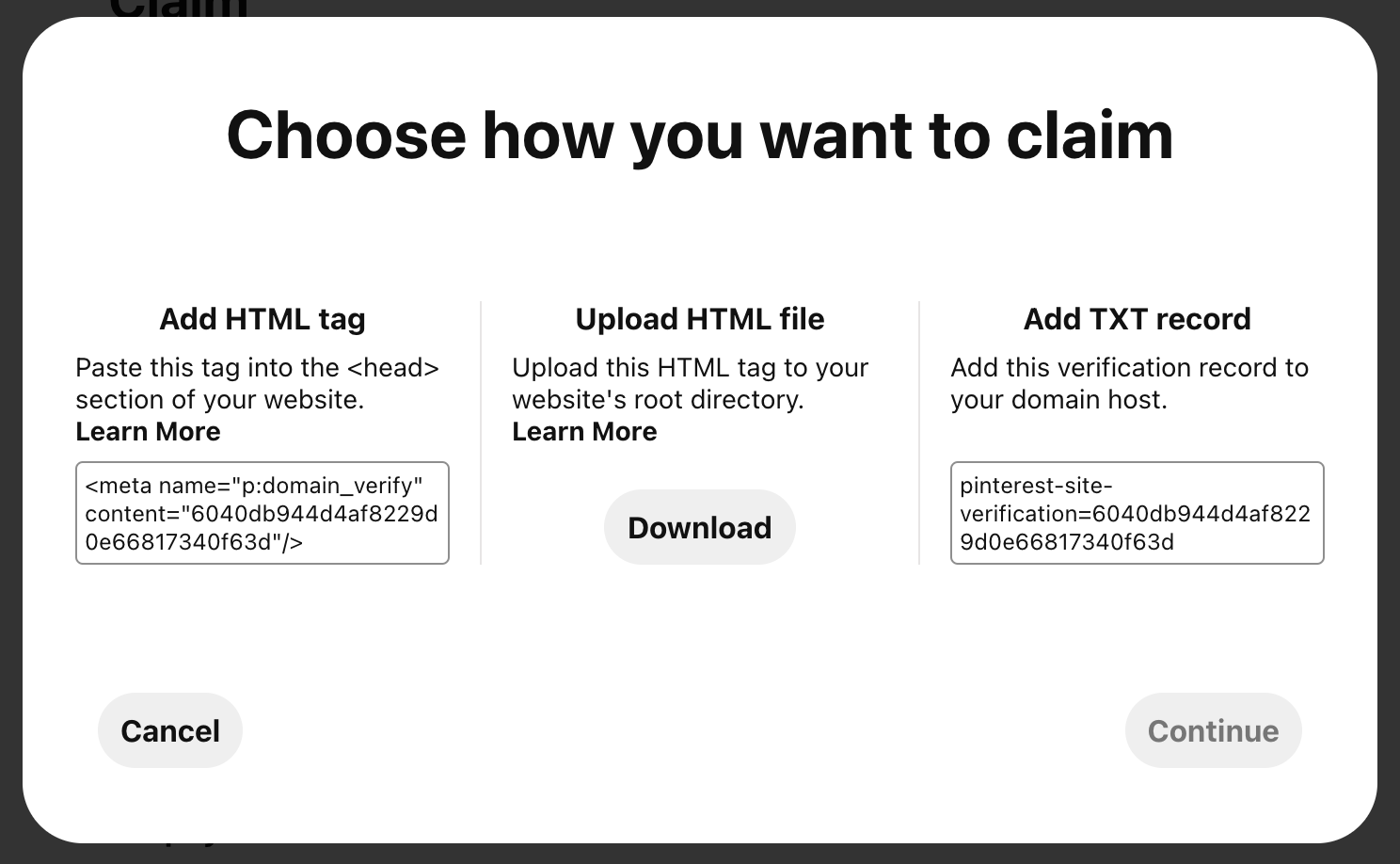 Pop-up box with three options to choose how you want to claim your site. Options include add HTML tag, upload HTML file, and add TXT record. 