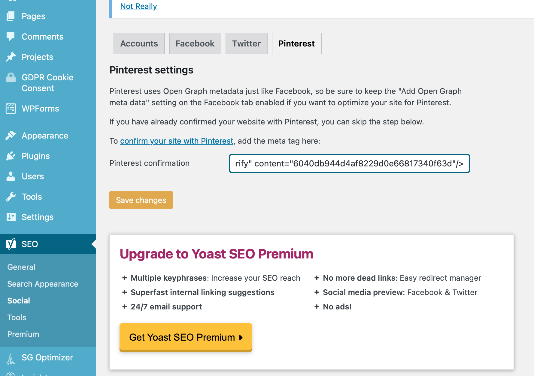 In backend of WordPress site, Yoast SEO Plugin selected. 
